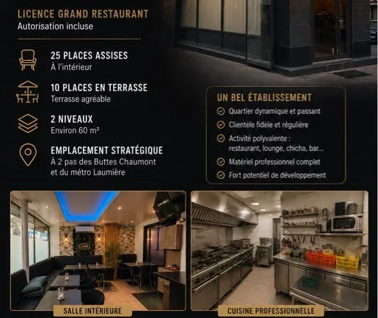 Fonds de commerce à vendre - Restaurant/Chicha/Lounge - 19e (Buttes Chaumont / métro Laumière) Local