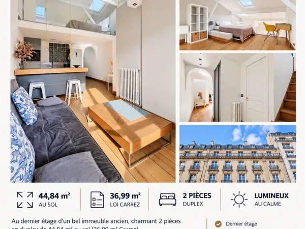 Wagram / Monceau - duplex 40m2 refait par architecte. Dernier étage calme et lumineux / 460.000€
