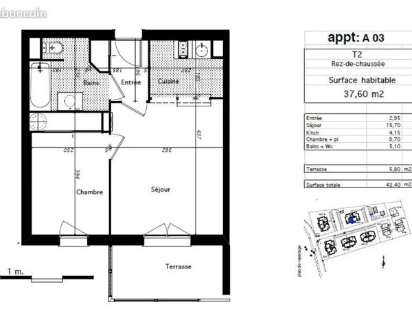 T2 meublé de 37 m² avec terrasse et parking - 475 charges comprises