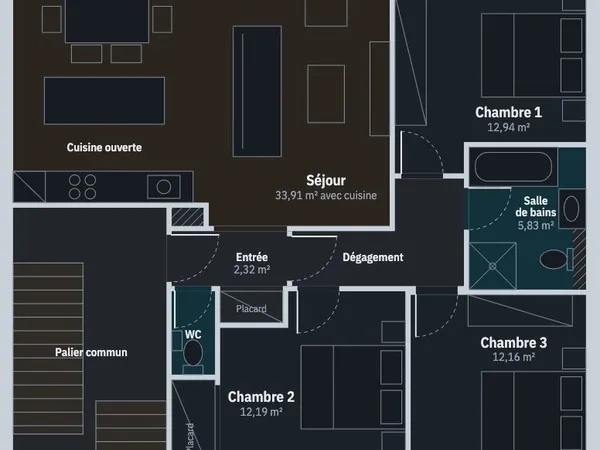 T4 de 88 m² avec séjour de 34 m²