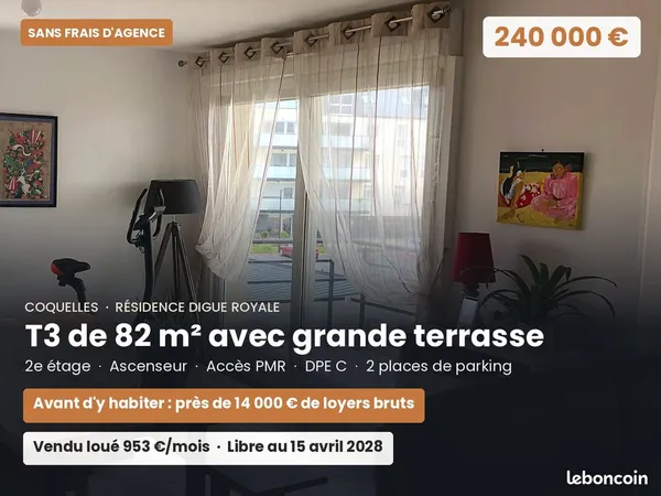 T3 82 m² séjour 30 m² - Coquelles - vendu loué 953 /mois