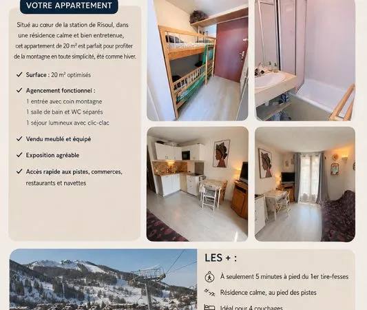 Appartement risoul 20m2 -4 couchages- plein sud-