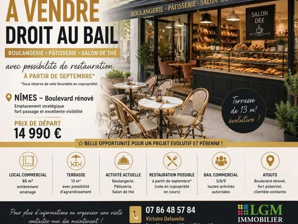 A VENDRE- DROIT AU BAIL 3/6/9- Avec TERRASE à Nîmes