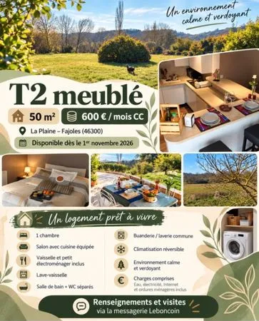 FAJOLES - T2 meublé 50 m² - 600 TOUT COMPRIS - Prêt à vivre