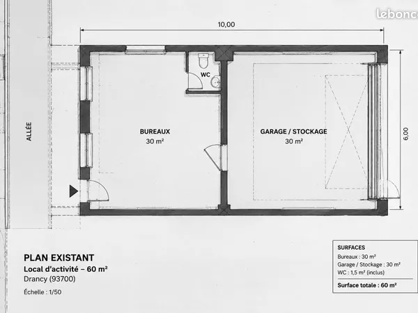 Location local professionnel 60 m² - Bureau + Entrepôt / Stockage