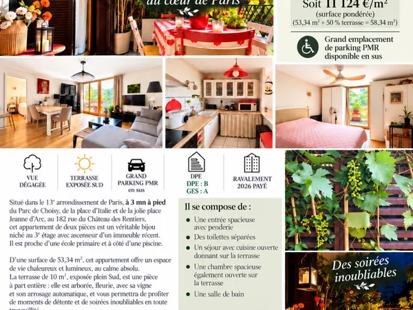 Un écrin de verdure au coeur de paris. Vente 2 pièces Paris 13. 53,34 m .649000 € . Parking PMR en s