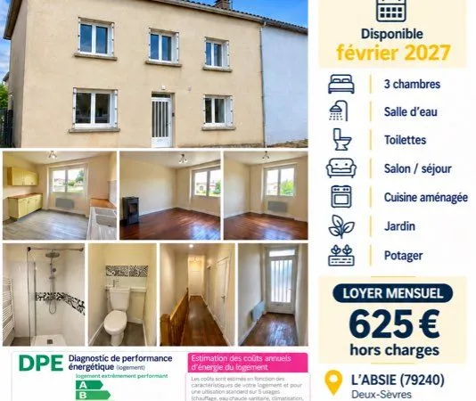 Maison à louer, 3 chambres, L'Absie, février 2027