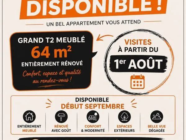 Coup de coeur - Grand T2 meublé de 64 m² avec jardin et vue panoramique - Disponible début septembre