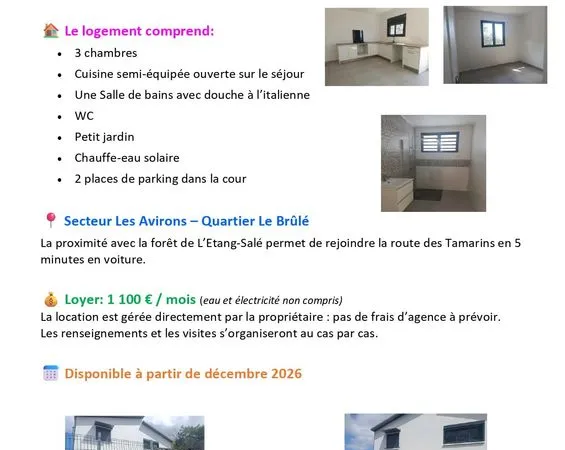 A louer Appartement neuf F4 - Les Avirons