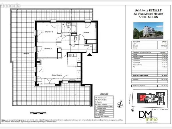 Appartement Melun 74m2 avec terrasse 94m2