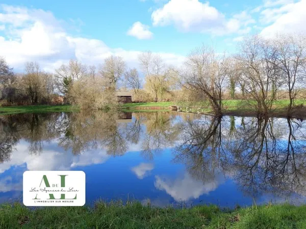 Terrain boisé avec étang, île et chalet en bois