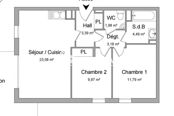 Appartement 3 pièces 58 m²