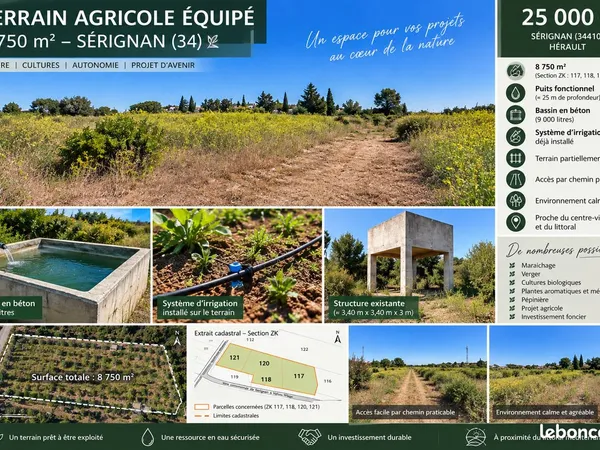 🌿 TERRAIN AGRICOLE ÉQUIPÉ - 8 750 m² - SÉRIGNAN (34410) 💧 Puits • Bassin 9 000 L • Système d'irrigat