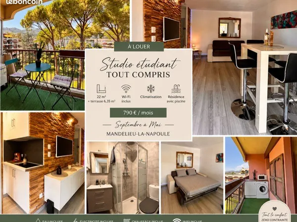 Studio étudiant rénové, climatisé, terrasse, piscine