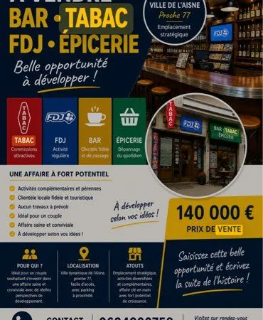 à vendre - fonds de commerce tabac - bar - fdj - épicerie - aisne (02)