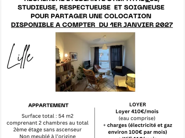 Loue chambre en colocation dans appartement