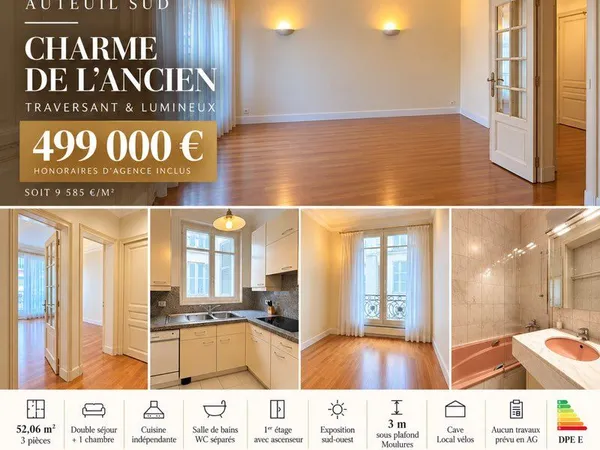 Paris 16e - Auteuil Sud - 3 pièces de 52 m² - Charme de l'ancien - Ascenseur