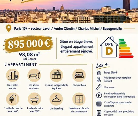 Vente appartement Paris 15 - 3 chambres