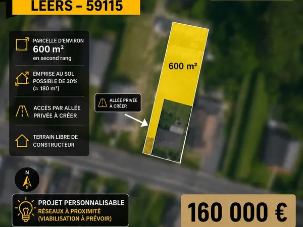 TERRAIN CONSTRUCTIBLE 600 m² - LEERS - LIBRE CONSTRUCTEUR - 160 000