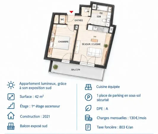 Appartement T2 - 42 m² - Vente directe propriétaire - Sans agence
