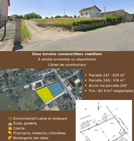 2 terrains constructibles viabilisés 835 et 918 m² - ensemble ou séparément - Varennes-le-Grand