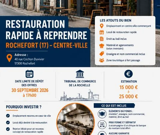 Fonds de commerce, restauration, restauration rapide 80 m² ROCHEFORT
