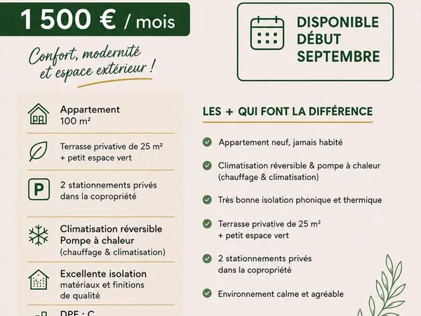 Appartement neuf 100 m² - 2 chambres - terasse de 25m² - 2 places de parking privatives