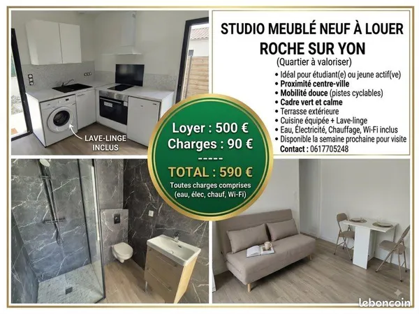Location studio meublé neuf sur la roche sur yon