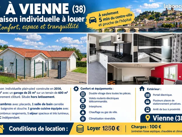 Loue maison T4 de 2016 3 chambres proche hôpital de Vienne (38)