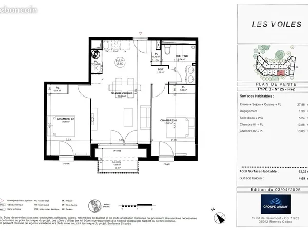 Appartement 3 pièces 62 m²