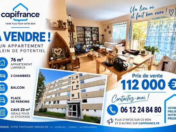 NIORT - Appartement T4 de 76 m² avec 3 chambres, balcon, parking et cave