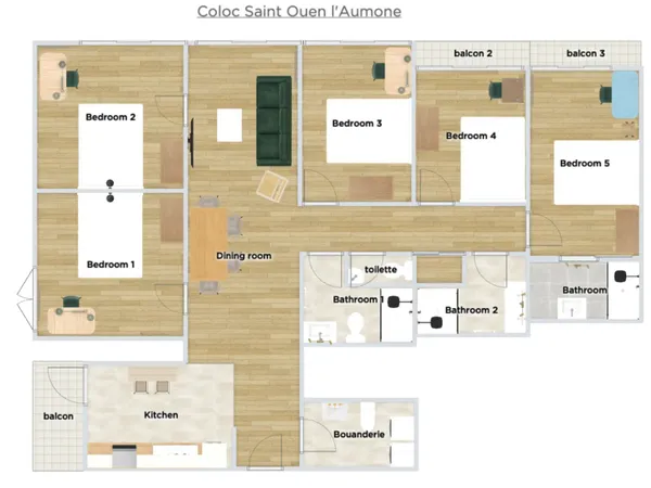 Loue 5 Chambres pour colocation à Saint Ouen l'Aumône - 110m²
