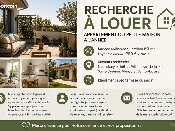 🏡 Locataire sérieux recherche T2/T3 avec terrasse ou jardin
