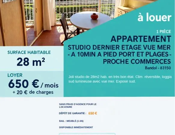 Studio vue mer Bandol à louer