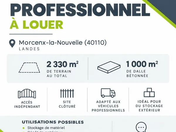 Terrain professionnel à louer - 2 330 m² dont 1 000 m² bétonnés - Morcenx (40)