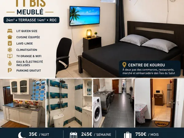 Studio T1 bis meublé - 24 m² + terrasse de 14 m² - RDC