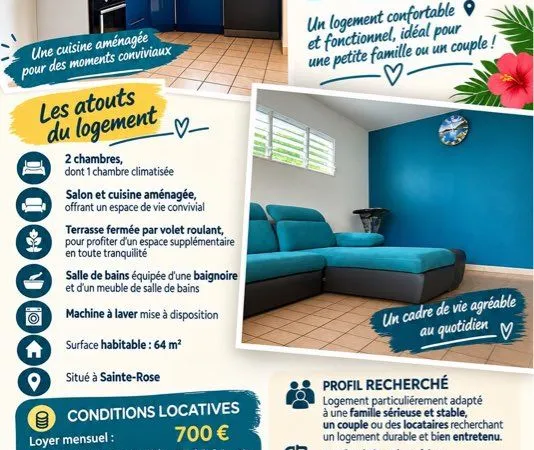 Appartement, F3, convivial, 64 m² Ste Rose