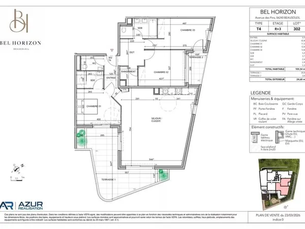 Bel Horizon, quatre pièces de 105,54 m² au troisième étage avec terrasses exposées Sud Est et vue me
