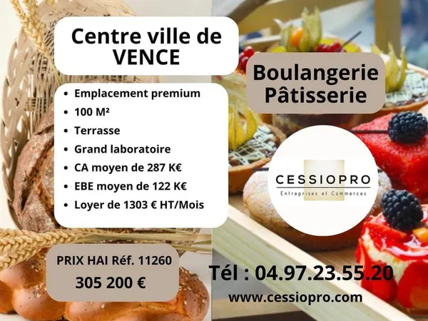 CENTRE VILLE DE VENCE A vendre Boulangerie pâtisserie 100M2 + terrasse en plein de coeur de Vence Em