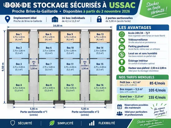 Box de stockage sécurisés à Ussac - dès 85 - Accès 24/7
