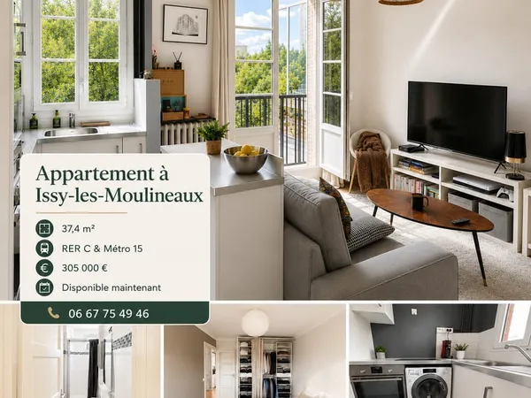 Issy-les-Moulineaux ? 2 P traversant 37 m² - RER C Metro 15