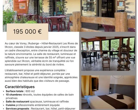 Fond de commerce - Hôtel - Restaurant 3★ à vendre - Fort potentiel - Vorey-sur-Arzon