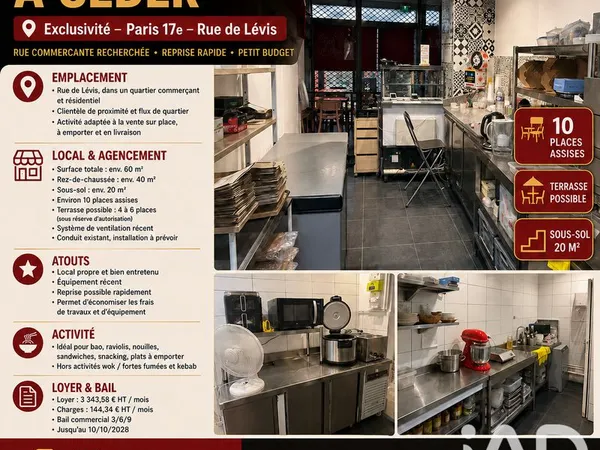 Restauration, restauration rapide 40 m² Paris