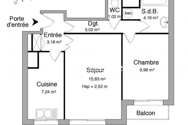 Appartement 2 pièces 44 m²