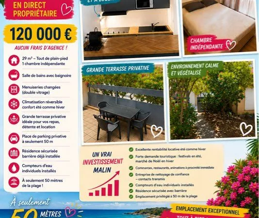 🌴 APPARTEMENT 29 m² - GRANDE TERRASSE - PARKING - À 50 M DE LA PLAGE -