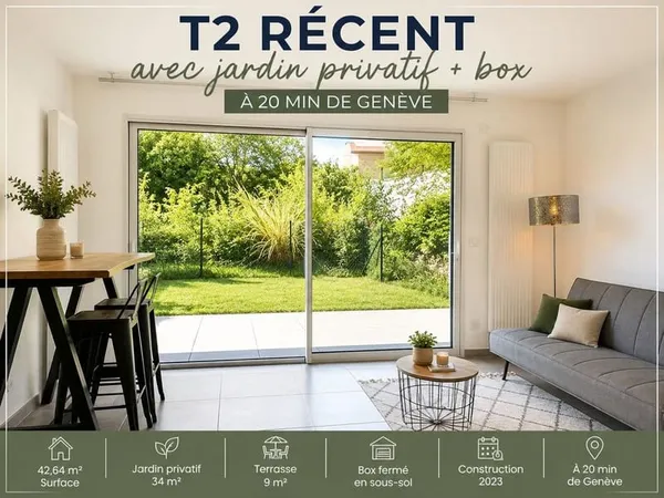 T2 de 42,64 m² avec jardin privatif de 34 M2 et Box privé