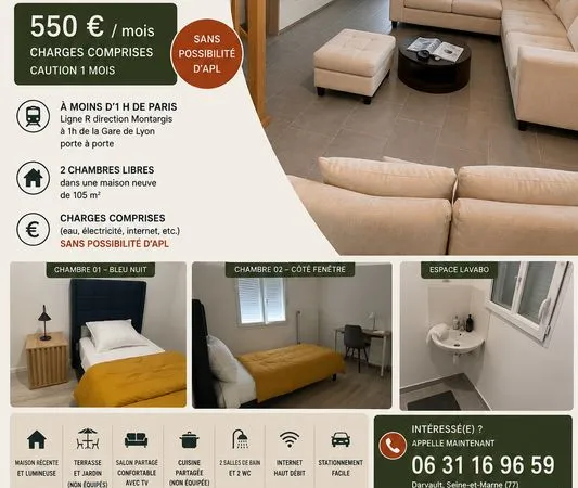 2 chambres meublées en colocation - Maison récente à Darvault (77) - 550 charges comprises