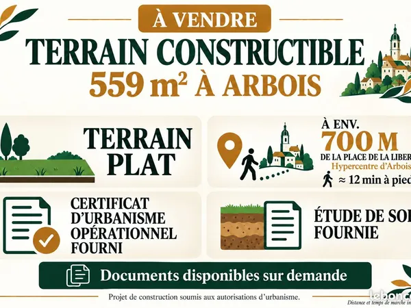 TERRAIN CONSTRUCTIBLE 559 m² - ARBOIS - PLAT, PROCHE CENTRE