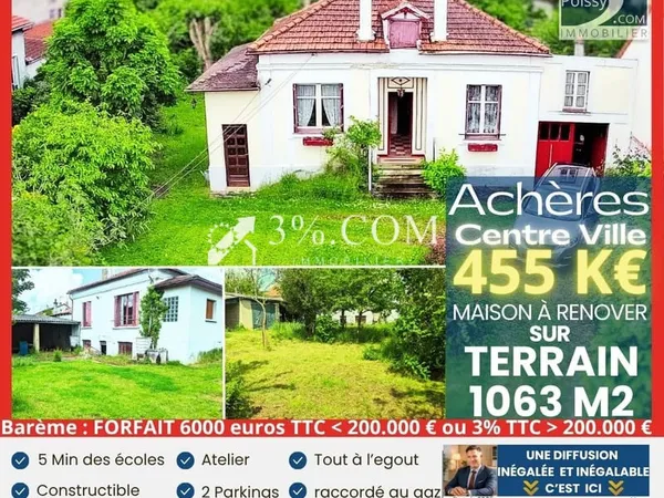 Maison sur Terrain 1063 m2 zone UDa CENTRE VILLE Achères