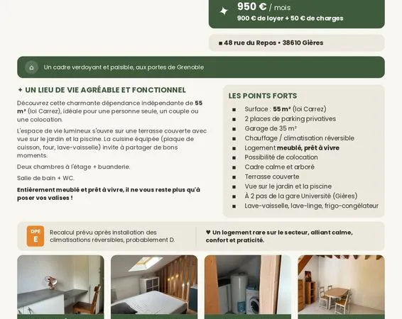 Location GIERES meublée de 55 m² avec garage, piscine et parking - 950